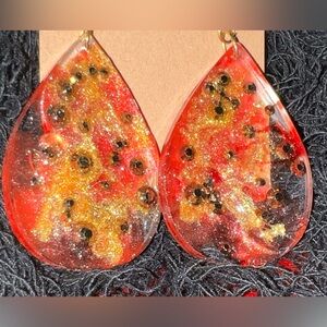 Red and Gold Resin Earrings with Metallic Gold Swarovski Crystals
